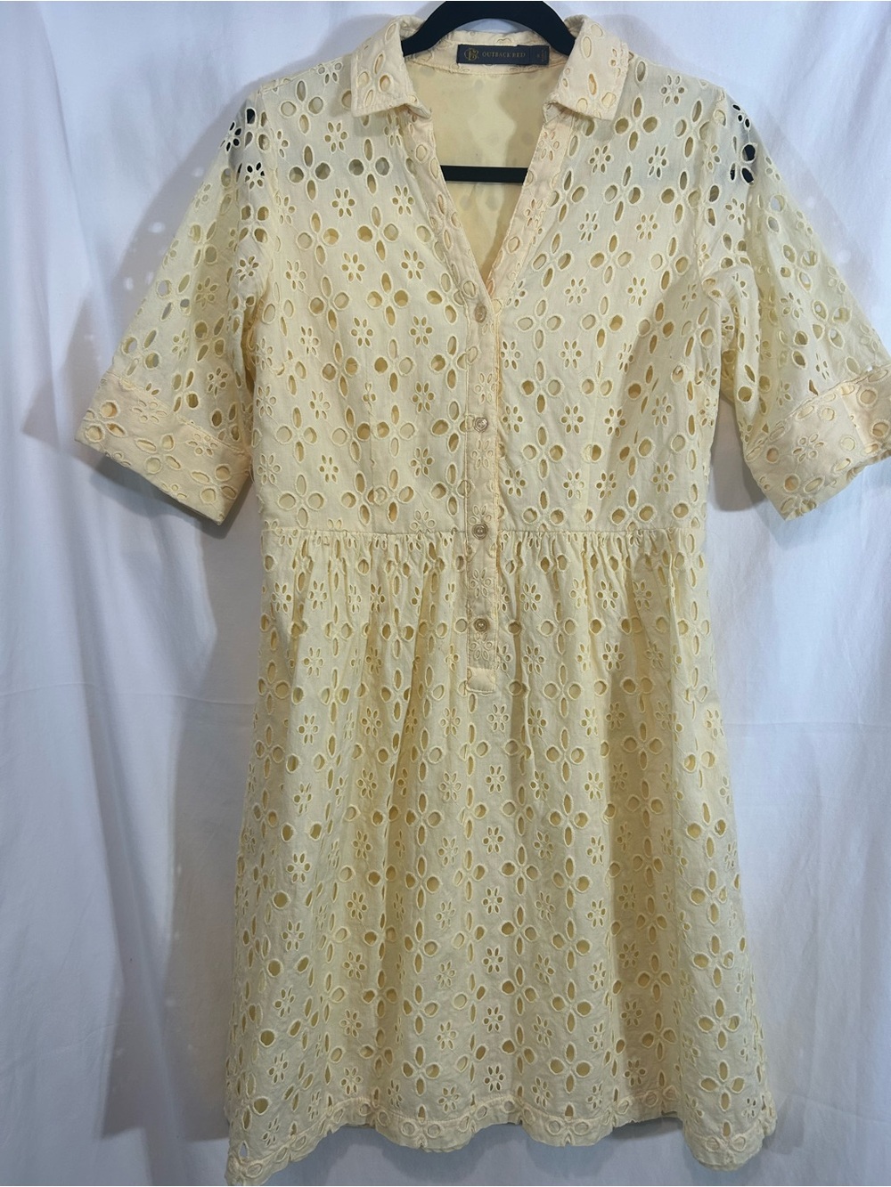 Outback Red Eyelet Dress Size 8 Yellow Cotton Embroidered Shirt Retro Dress